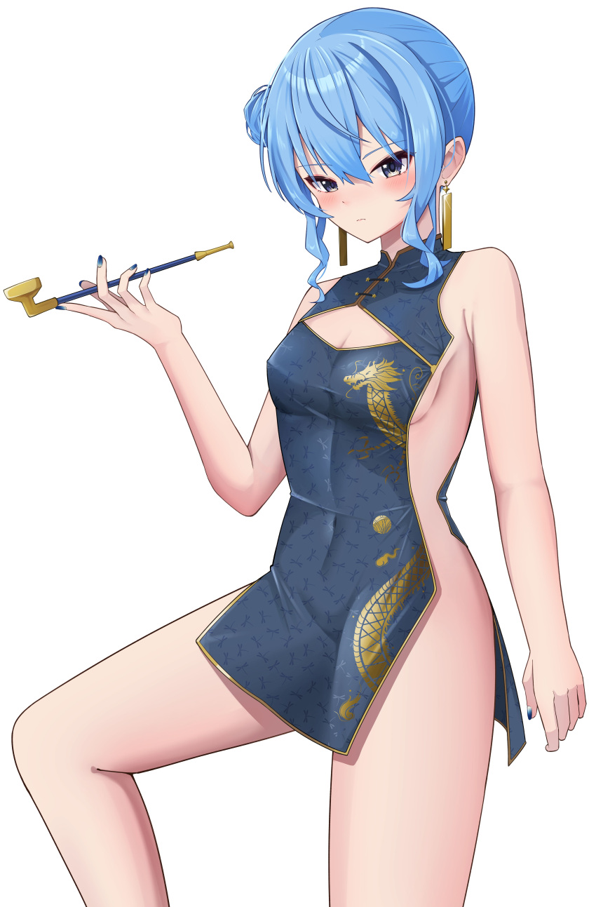 absurdres alternate_costume bare_legs blue_eyes blue_hair blue_nails blush breasts china_dress chinese_clothes closed_mouth commentary covered_navel cowboy_shot dangle_earrings dragon_print dress earrings female gold_earrings hair_bun highres hiiragi_melt holding holding_smoking_pipe hololive hoshimachi_suisei jewelry short_dress sideless_outfit simple_background sleeveless sleeveless_dress small_breasts smoking_pipe solo virtual_youtuber white_background