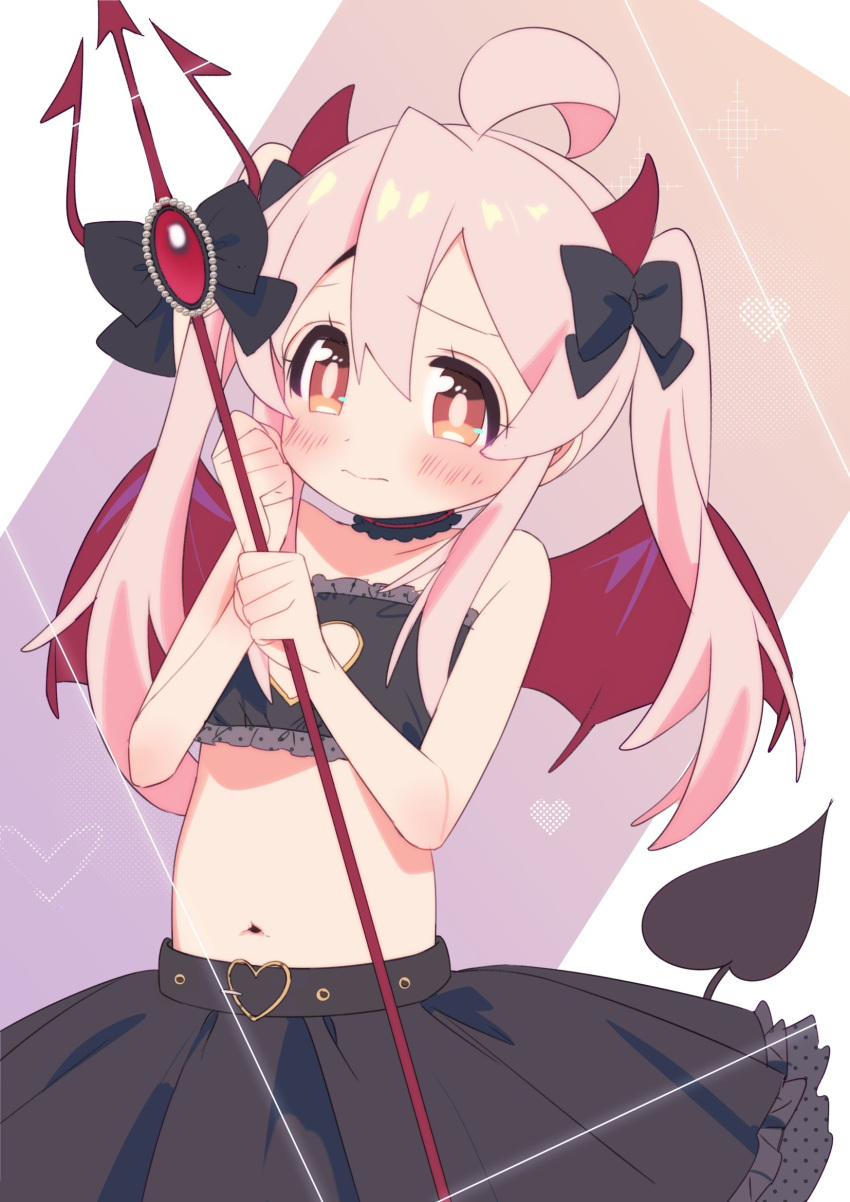 ahoge bare_arms bare_shoulders belt black_belt black_bow black_choker black_skirt black_tail black_tube_top blush bow brown_eyes buckle choker cleavage_cutout clenched_hand closed_mouth clothing_cutout commentary_request demon_costume demon_horns demon_tail demon_wings dot_nose female frilled_choker frilled_tube_top frills hair_between_eyes hands_up heart heart-shaped_buckle heart_belt highres holding_trident horn_bow horn_ornament horns long_hair looking_at_viewer midriff mochitsuki_kagami multicolored_background navel official_alternate_costume onii-chan_wa_oshimai! oyama_mahiro pink_hair polearm red_horns red_wings sidelocks skirt solo standing strapless tail trident tube_top twintails weapon wings