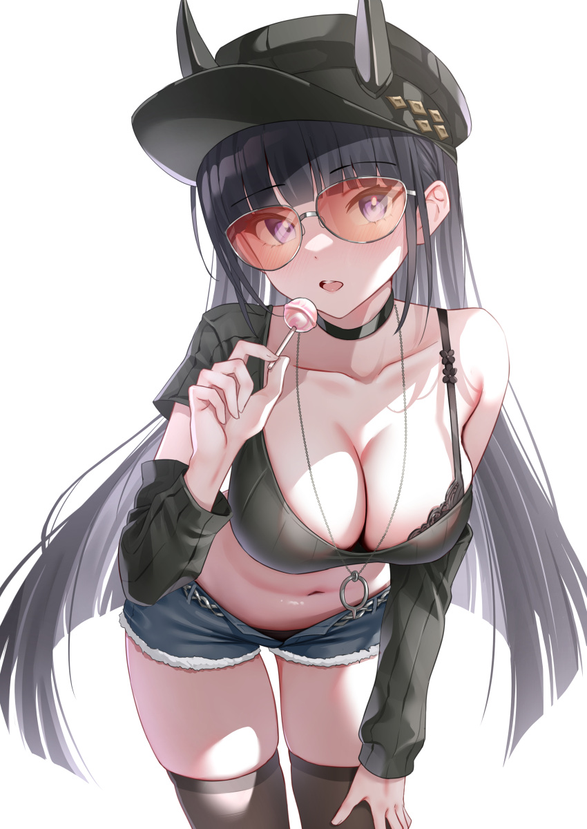 absurdres alternate_costume arm_warmers azur_lane black_bra black_choker black_hair black_hat black_shirt black_thighhighs bra breasts candy choker classic_(zildjian33) cleavage commentary_request denim denim_shorts female food grey_shorts hand_on_own_knee hat highres holding holding_candy holding_food holding_lollipop horns jewelry large_breasts lollipop looking_at_viewer midriff navel necklace noshiro_(azur_lane) noshiro_(dressed-up_date)_(azur_lane) open_fly open_mouth orange-tinted_eyewear paid_reward_available shirt short_shorts shorts simple_background single_bare_shoulder single_off_shoulder solo stomach thighhighs tinted_eyewear tongue tongue_out underwear white_background