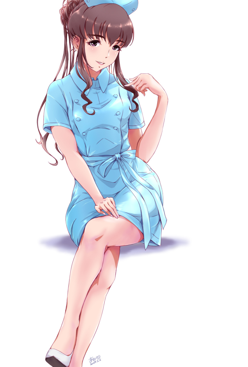 aqua_dress asaitori bare_legs blush brown_hair buttons crossed_legs double-breasted dress female hat hattori_toko highres idolmaster idolmaster_cinderella_girls light_smile long_hair looking_at_viewer nurse nurse_cap short_sleeves sidelocks simple_background sitting solo very_long_hair white_background white_footwear