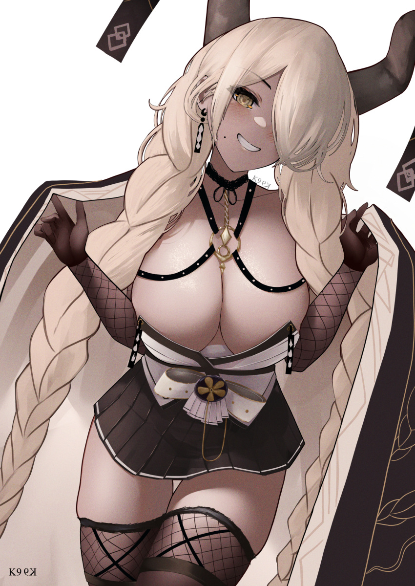 artist_name azur_lane blonde_hair braid breasts brown_coat brown_gloves brown_horns brown_skirt brown_thighhighs cleavage coat dark-skinned_female dark_skin earrings female fishnet_gloves fishnet_thighhighs fishnets gloves grin hair_over_one_eye half_gloves highres horn_ornament horns jewelry kainines long_hair miniskirt mole mole_under_mouth open_clothes open_coat owari_(azur_lane) pleated_skirt sakuramon simple_background skirt smile solo thigh_gap thighhighs twin_braids very_long_hair white_background yellow_eyes zettai_ryouiki