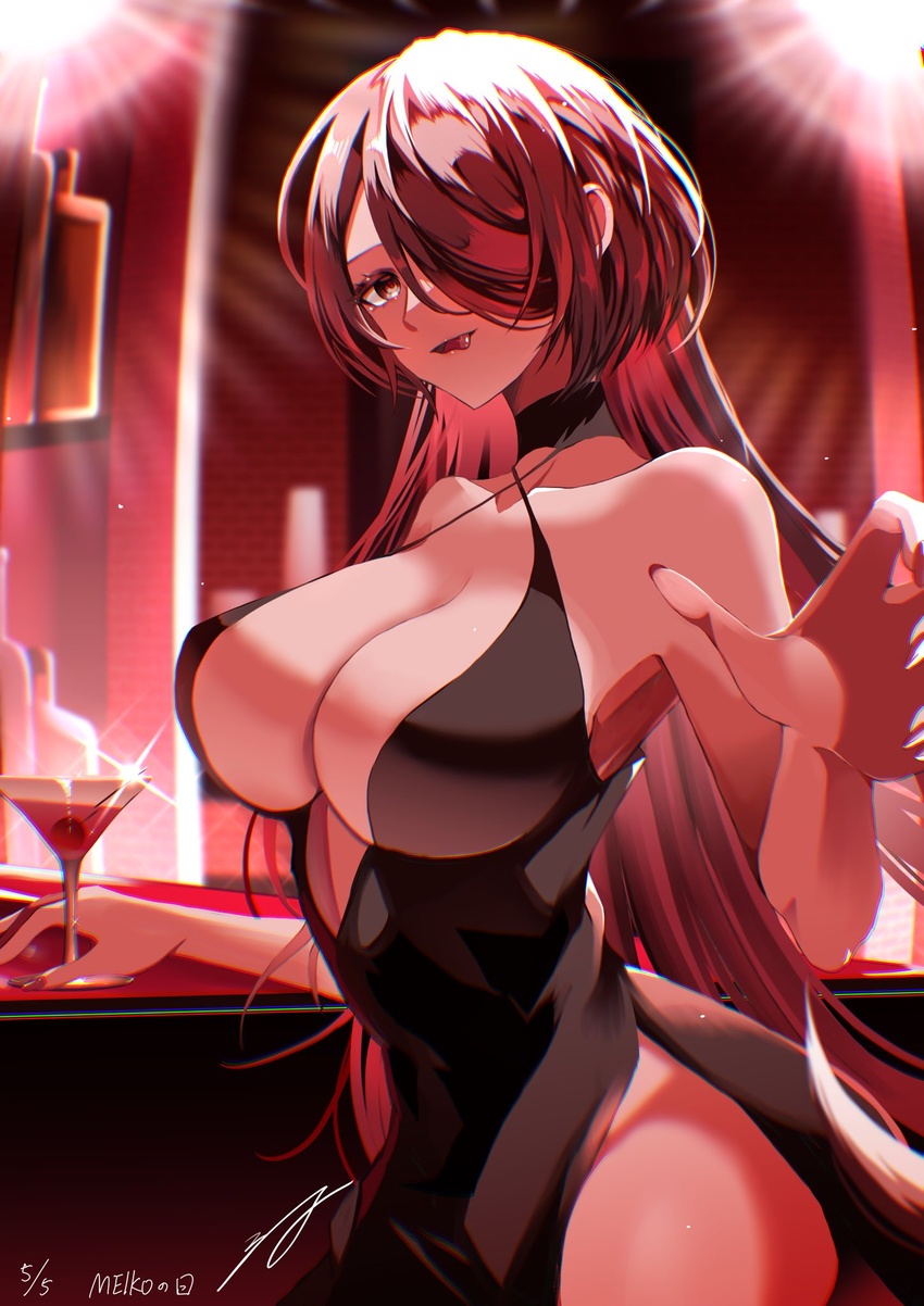 alcohol alternate_hair_length alternate_hairstyle breasts cup dress drinking_glass female highres jishaku_(mag_315) licking_lips meiko_(vocaloid) one_eye_covered red_dress red_eyes red_hair solo tongue tongue_out vocaloid wine_glass