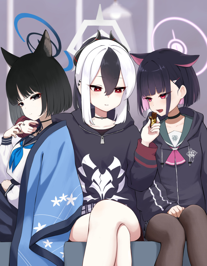 3girls absurdres animal_ears blue_archive candy cat_ears cat_girl chocolate chocolate_bar crossed_legs demon_girl demon_horns extra_ears feeding food girl_sandwich halo highres holding holding_chocolate holding_food hood hoodie horns kayoko_(blue_archive) kazusa_(blue_archive) kikyou_(blue_archive) multiple_girls pantyhose sandwiched school_uniform shiroiurushi short_hair yuri