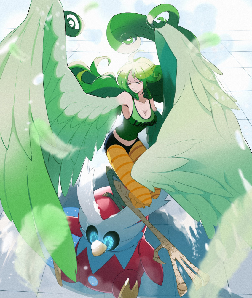 bare_shoulders bird_legs breasts cleavage clothes_writing commentary commission crop_top feather_coat feathered_wings feathers female green_feathers green_hair green_tank_top green_wings harpy highres iron_bundle large_breasts long_hair looking_at_viewer midriff monet_(one_piece) monster_girl one_piece pokemon pokemon_(creature) smile snow standing standing_on_another's_head standing_on_one_leg startboii striped_clothes striped_leggings talons tank_top winged_arms wings yellow_eyes