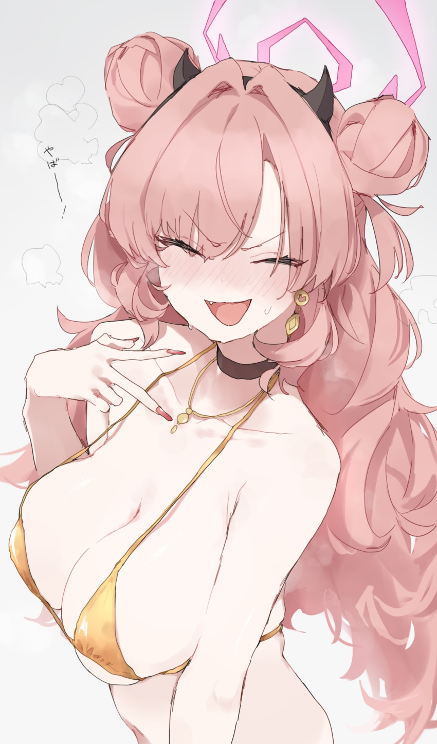 bare_arms bare_shoulders bikini black_choker blue_archive blush breasts choker cleavage closed_eyes collarbone double_bun earrings facing_viewer fake_horns female fingernails gold_bikini hair_bun halo highres horns jewelry kirara_(blue_archive) large_breasts long_fingernails long_hair makkurourufu nail_polish oerba_yun_fang open_mouth pink_hair pink_halo pink_nails solo swimsuit upper_body