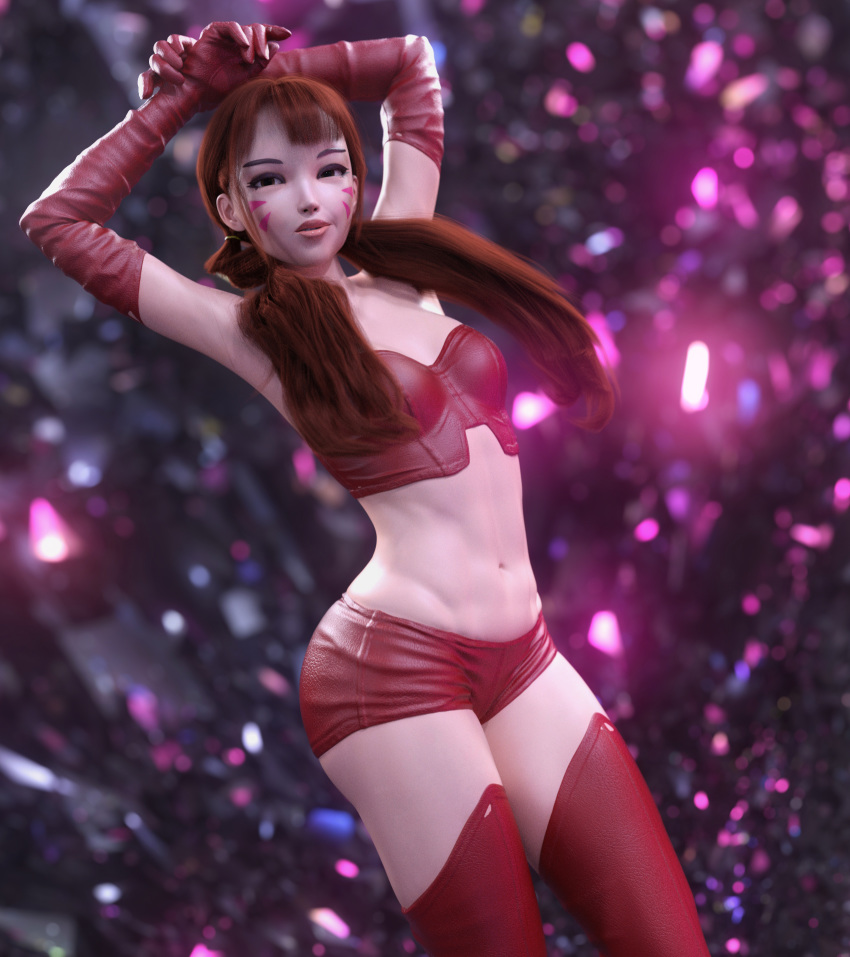 1girls 3d 3d_(artwork) abs alternate_costume blizzard_entertainment brown_hair d.va daz_studio gloves hands_on_head hotpants joelgraphz leather leather_gloves looking_at_viewer noahgraphicz overknees overwatch pigtails pose standing tagme