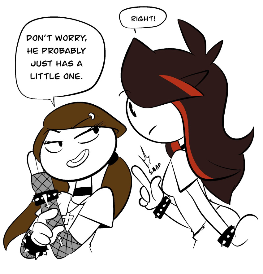 2girls brown_hair choker clothed clothes clothing eyelashes fishnet_armwear fishnet_top jaiden jaiden_animations jaidenanimations joshin let_me_explain_studios necklace pigtails rebecca_parham shirt skirt smile smiling speech_bubble stickman stickmans streaked_hair teeth text youtube youtuber