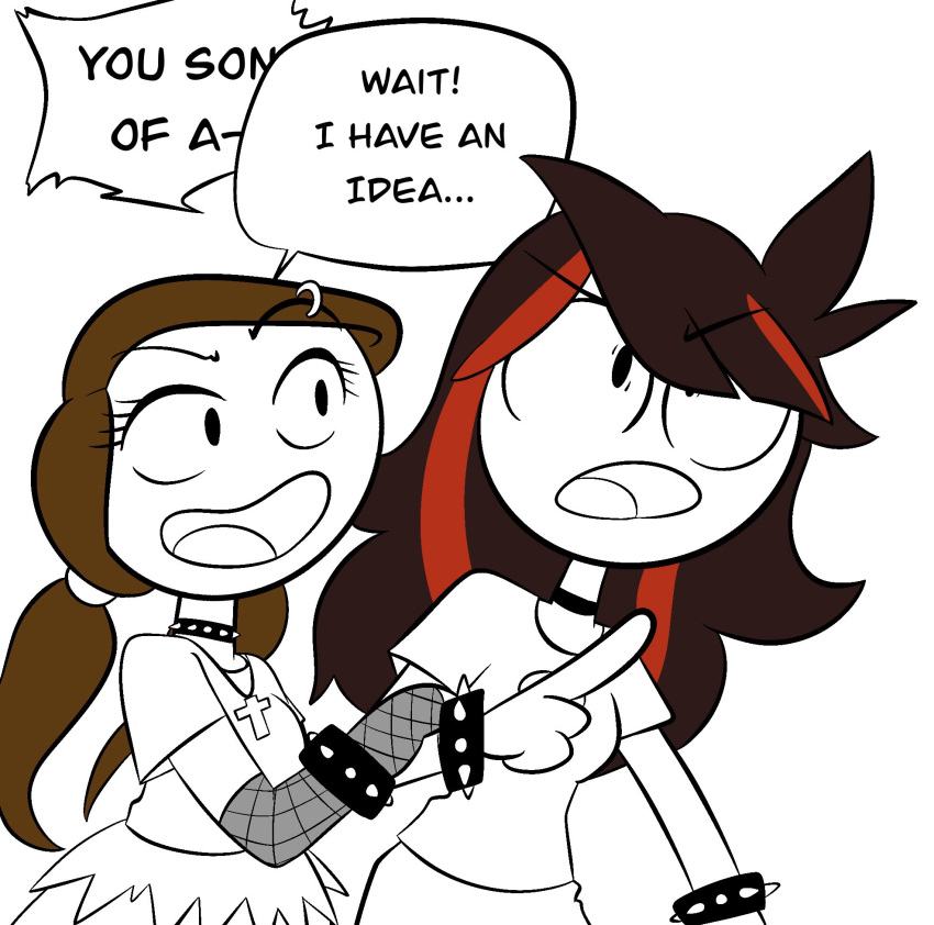 2girls angry brown_hair choker clothed clothes eyelashes fishnet_armwear jaiden jaiden_animations jaidenanimations joshin let_me_explain_studios necklace piercing piercings pigtails rebecca_parham shirt skirt smiling stickman stickmans streaked_hair text youtube youtuber