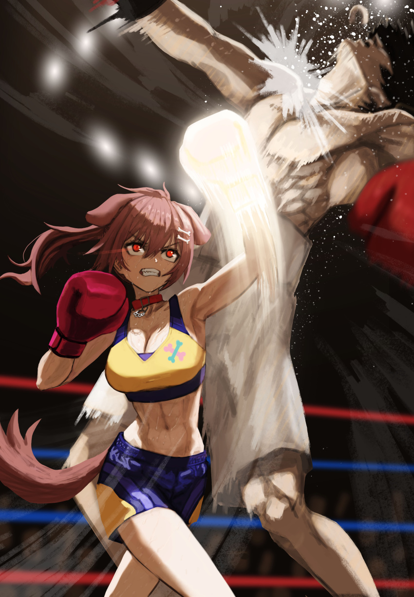 1boy absurdres animal_ears black_hair blurry blurry_background boxing boxing_gloves boxing_ring breasts brown_hair ceiling_light cleavage clenched_teeth collar commentary cowboy_shot crowd dog_ears dog_girl dog_tail face_punch failose female glowing glowing_eyes hair_ornament highres hololive in_the_face indoors inugami_korone large_breasts long_hair midriff mixed-sex_combat muscular muscular_male official_alternate_costume ponytail punching purple_short red_collar red_eyes short_hair sports_bra tail teeth toned_female underlighting uppercut virtual_youtuber yellow_sports_bra