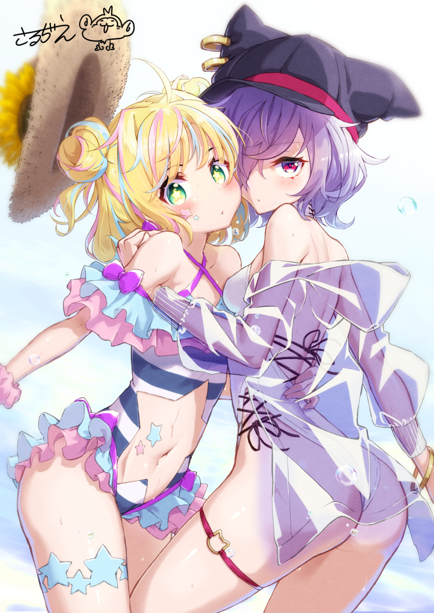 2girls ahoge arched_back arm_behind_back backless_swimsuit bare_back bare_shoulders black_hat blonde_hair blush bow bracelet breasts clothing_cutout cowboy_shot criss-cross_halter day double_bun feet_out_of_frame flat_chest flower frilled_one-piece_swimsuit frills from_behind green_eyes hair_bun hair_over_one_eye halterneck hand_on_another's_back hand_on_another's_shoulder hat hat_loss highres i-live jacket jewelry leaning_forward leg_between_thighs long_sleeves looking_at_viewer looking_to_the_side multicolored_hair multiple_girls navel off-shoulder_one-piece_swimsuit off_shoulder one-piece_swimsuit outdoors paule_clown pink_scrunchie purple_bow purple_hair red_eyes sarujie_(broken_monky) scrunchie see-through see-through_jacket short_hair signature silvia_(vtuber) small_breasts standing star-shaped_pupils star_(symbol) stomach stomach_cutout straw_hat streaked_hair striped_clothes striped_one-piece_swimsuit sunflower swimsuit symbol-shaped_pupils thigh_strap thighs virtual_youtuber white_one-piece_swimsuit wrist_scrunchie