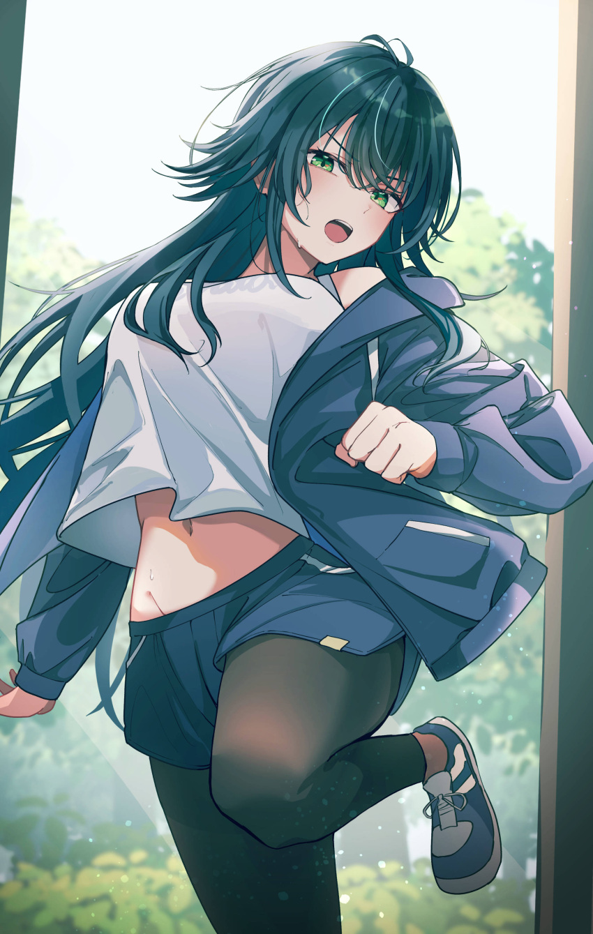 absurdres bare_shoulders blue_shorts blush breasts coat female gakuen_idolmaster green_eyes green_hair grey_coat highres idolmaster jacket kiyakyuu large_breasts leg_up long_hair looking_at_viewer navel off_shoulder open_clothes open_jacket open_mouth pantyhose shirt short_shorts shorts skirt solo sweat tsukimura_temari white_skirt