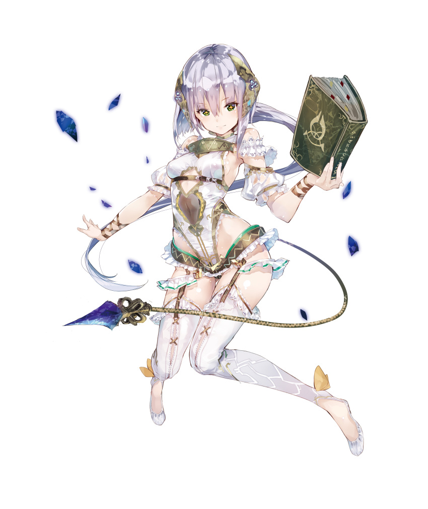 +_+ absurdres atelier_(series) atelier_sophie bare_shoulders book breasts cable cable_tail closed_mouth covered_navel crystal detached_sleeves female floating frilled_thighhighs frills full_body grey_hair hair_between_eyes hair_ornament hand_up highres holding holding_book leotard long_hair looking_at_viewer mechanical_tail official_art plachta second-party_source shards shoes simple_background small_breasts solo tail thighhighs transparent_background very_long_hair white_background white_footwear white_leotard white_thighhighs yuugen