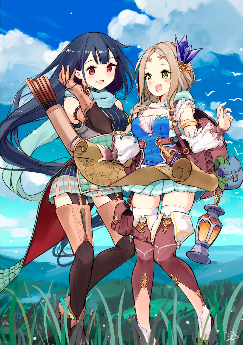 2girls :d arrow_(projectile) atelier_(series) atelier_firis backpack bag black_footwear blue_shirt blue_skirt blue_sky blush boots braid breasts brown_bag brown_hair cloud crystal_hair_ornament day elbow_gloves firis_mistlud full_body gloves grass green_eyes hand_up highres holding holding_scroll liane_mistlud long_hair map_(object) medium_breasts minidraco multiple_girls oil_lamp open_mouth outdoors pleated_skirt quiver red_eyes scroll shirt skirt sky smile standing very_long_hair