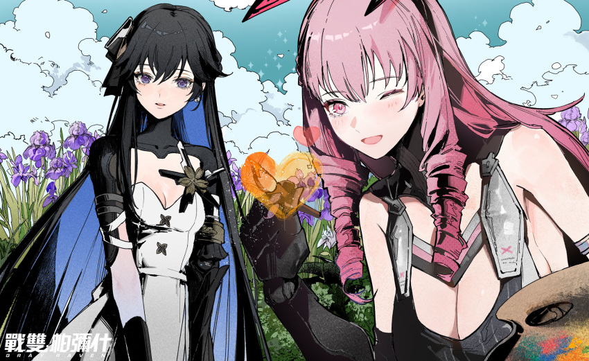 2girls ayla:_kaleido_(punishing:_gray_raven) ayla_(punishing:_gray_raven) bare_shoulders black_hair black_shrug blue_hair blue_sky breasts cleavage colored_inner_hair commentary dress drill_hair english_commentary hair_between_eyes hair_ornament highres holding holding_paintbrush holding_palette large_breasts long_hair looking_at_viewer mechanical_arms mechanical_hands medium_breasts multicolored_hair multiple_girls one_eye_closed open_mouth paintbrush palette_(object) pink_eyes pink_hair punishing:_gray_raven purple_eyes secretfj520 selena:_capriccio_(punishing:_gray_raven) selena_(punishing:_gray_raven) sidelocks sky smile twin_drills very_long_hair white_dress