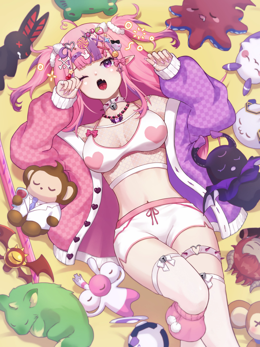 absurdres breasts cleavage collar crop_top decora fishnet_top fishnets hair_ornament hairpin heart_o-ring highres ironmouse ironmouse_outfit_art_contest jacket large_breasts looking_at_viewer lying momo_(matara_kan) multicolored_clothes multicolored_hair multicolored_jacket multiple_hairpins navel o-ring o-ring_thigh_strap oerba_yun_fang on_back one_eye_closed pink_hair pink_jacket pointy_ears purple_eyes purple_hair purple_jacket shorts skin_fang spiked_collar spikes streaked_hair t0m_(projektmelody) thigh_strap tolo_mag two-tone_jacket two_side_up virtual_youtuber vshojo whispers_(k9) white_collar white_shorts