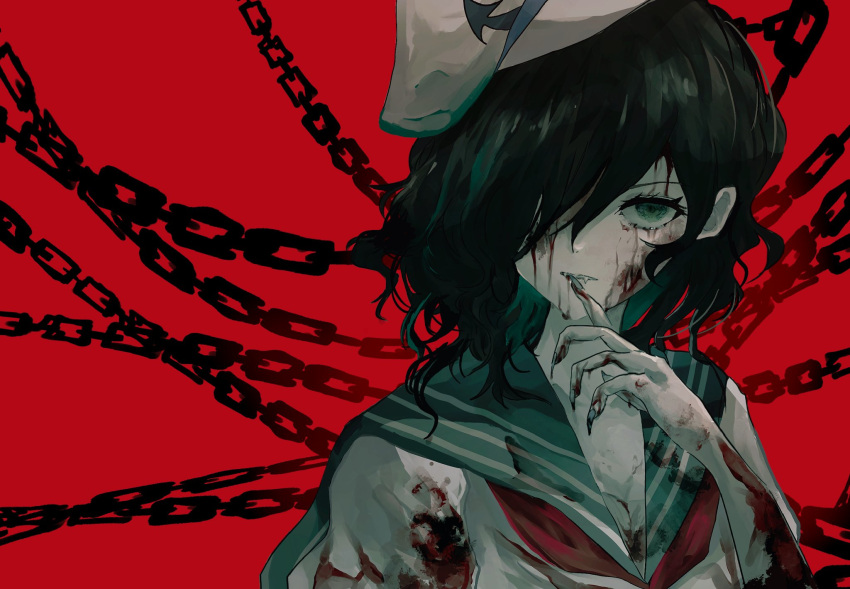 anchor_print black_hair blood blood_on_arm blood_on_clothes blood_on_face blood_on_hands chains female fingernails green_eyes green_sailor_collar hat highres long_fingernails looking_at_viewer medium_hair murasa_minamitsu neckerchief oerba_yun_fang red_background red_neckerchief remyaruku65 sailor_collar sailor_hat shirt solo touhou undefined_fantastic_object white_shirt