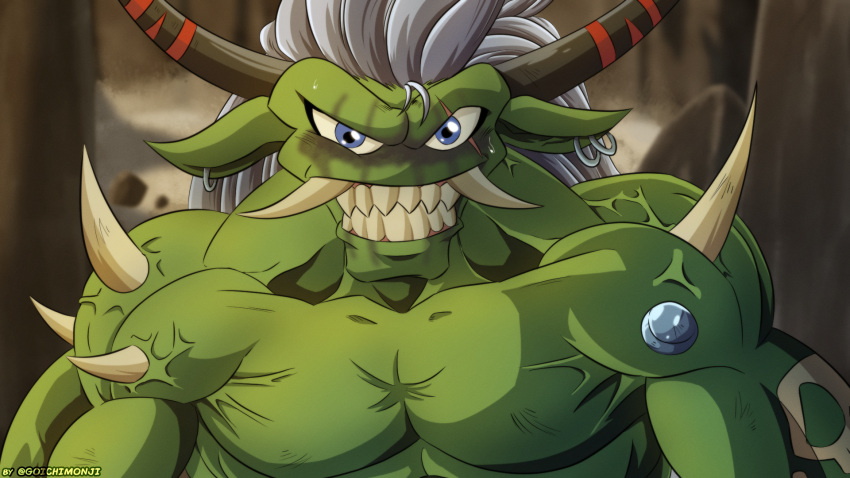 bandai_namco digimon digimon_(species) ear_piercing fangs green_body green_skin hair hi_res humanoid male muscular muscular_humanoid muscular_male ogremon pecs piercing solo teeth vein veiny_muscles white_hair zoalord95