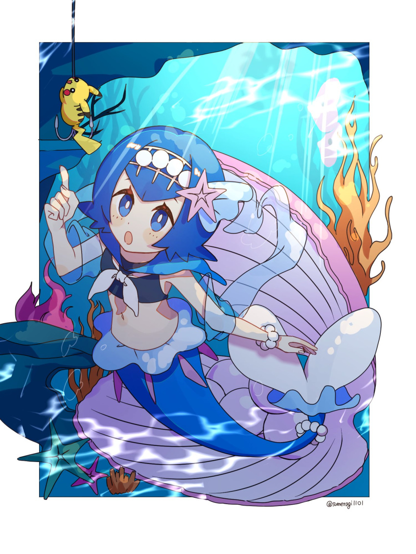 :o bead_bracelet beads blue_eyes blue_hair blush_stickers border bracelet bright_pupils clam commentary_request cosplay female fishing_hook hairband hand_up highres index_finger_raised jewelry lana_(pokemon) luvdisc mermaid monster_girl navel no_sclera open_mouth pikachu pokemon pokemon_(creature) pokemon_sm primarina primarina_(cosplay) seaweed short_hair starfish sumeragi1101 underwater white_border white_pupils yellow_hairband