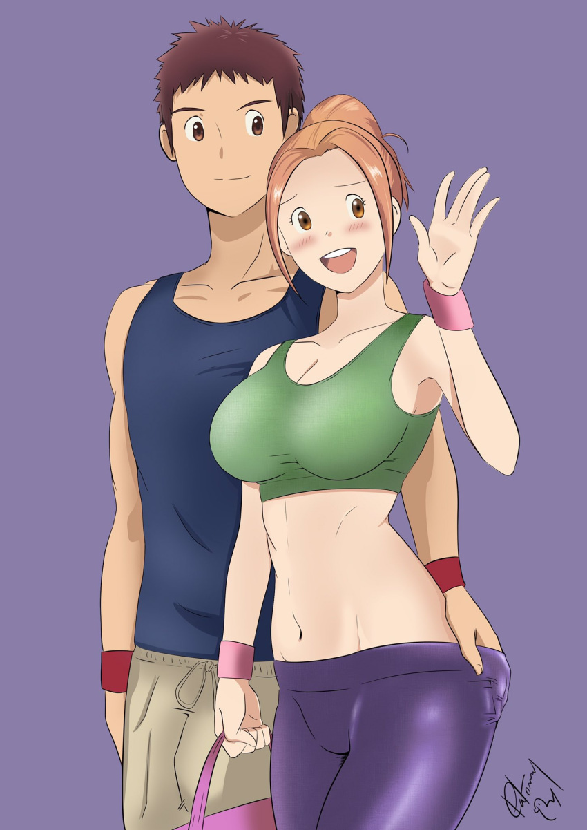 1boy blush breasts cleavage digimon digimon_adventure:_last_evolution_kizuna digimon_adventure_02 digimon_adventure_02:_the_beginning female highres large_breasts looking_at_viewer motomiya_daisuke open_mouth patoman000 simple_background smile straight tachikawa_mimi