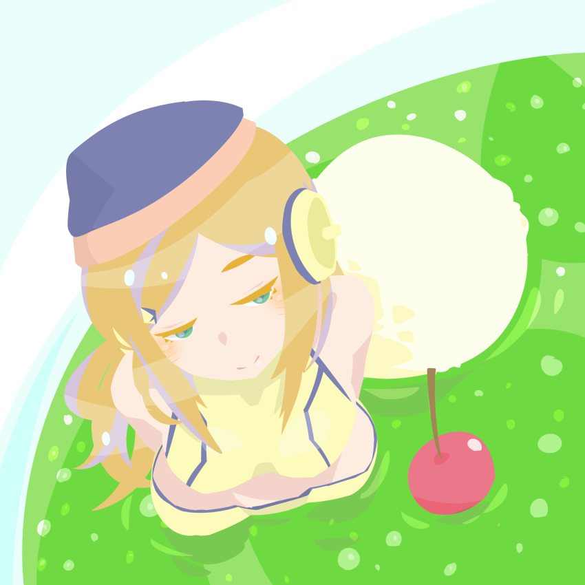 beanie blonde_hair blue_eyes character_request cherry closed_mouth commentary_request crop_top female food from_above fruit grey_hat half-closed_eyes hara_id_21 hat highres ice_cream long_hair looking_at_viewer medium_bangs melon_soda no_lineart shirt shorts sleeveless sleeveless_shirt smile solo station_memories swept_bangs upper_body yellow_shirt yellow_shorts