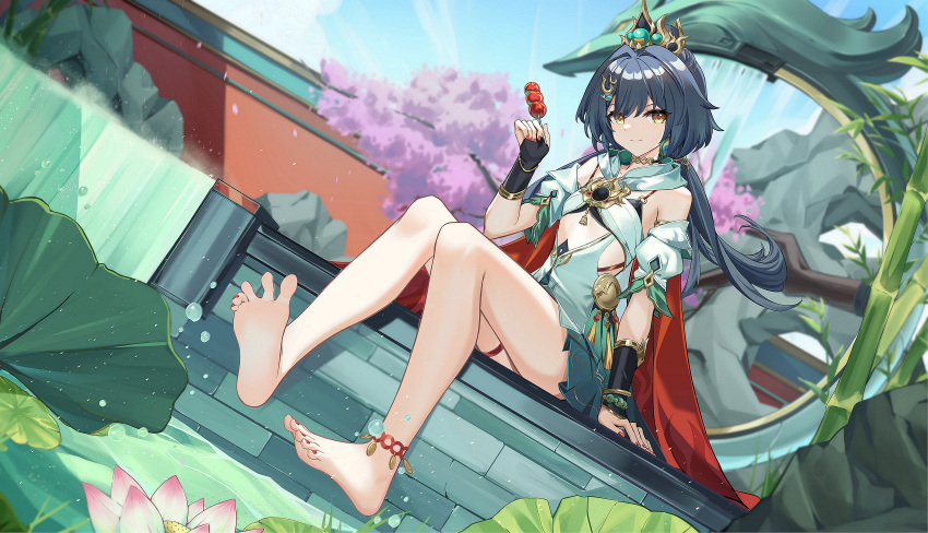 absurdres bare_legs bare_shoulders barefoot black_gloves black_hair blue_sky commentary czk day detached_sleeves female fingerless_gloves food gloves highres holding holding_food honkai:_star_rail honkai_(series) long_hair looking_at_viewer outdoors short_sleeves sitting sky smile solo yellow_eyes yunli_(honkai:_star_rail)