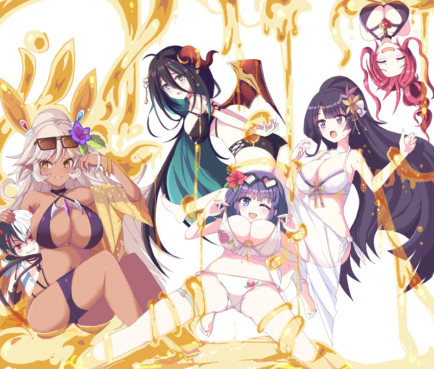 1boy 5girls :d :o ;d ^_^ absurdres ahoge barefoot bikini black-framed_eyewear black_bikini black_hair blue-tinted_eyewear blue_eyes blunt_bangs blush breasts brown_eyes brown_horns cleavage closed_eyes collarbone colored_inner_hair criss-cross_halter dark-skinned_female dark_skin demon_boy earrings eyewear_on_head flower gradient-tinted_eyewear green_hair grey_hair grin hair_between_eyes hair_flower hair_ornament halterneck high_ponytail highres horns jewelry kariza_(princess_connect!) kuka_(princess_connect!) kuka_(summer)_(princess_connect!) large_breasts legs_apart lily_(princess_connect!) lily_(summer)_(princess_connect!) long_hair long_hair_between_eyes misora_(princess_connect!) misora_(summer)_(princess_connect!) multicolor-tinted_eyewear multicolored_hair multiple_girls navel nea_(princess_connect!) nea_(summer)_(princess_connect!) one_eye_closed open_mouth pink-tinted_eyewear ponytail princess_connect! purple_eyes purple_flower purple_hair ranpha_(princess_connect!) ranpha_(summer)_(princess_connect!) red_eyes red_hair red_horns restrained sarong short_hair single_horn slime_(substance) smile split-color_hair stomach strap_lift streaked_hair sunglasses swimsuit tinted_eyewear toes very_long_hair white_background white_bikini white_hair white_sarong yamada_(hvcij) yellow-tinted_eyewear