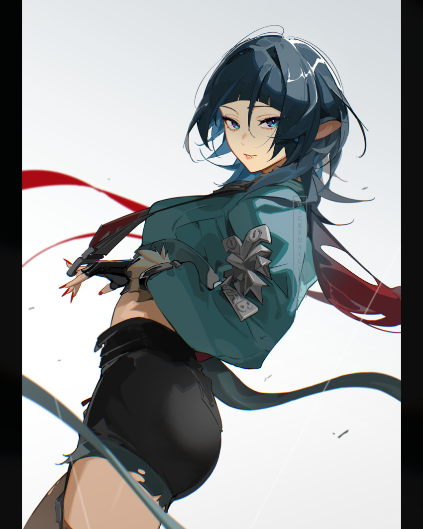 ass black_gloves black_hair black_shorts blue_eyes blue_jacket blunt_bangs commentary cowboy_shot crop_top female fingerless_gloves gloves highres ian_olympia jacket jane_doe_(zenless_zone_zero) long_sleeves midriff shorts solo standing zenless_zone_zero