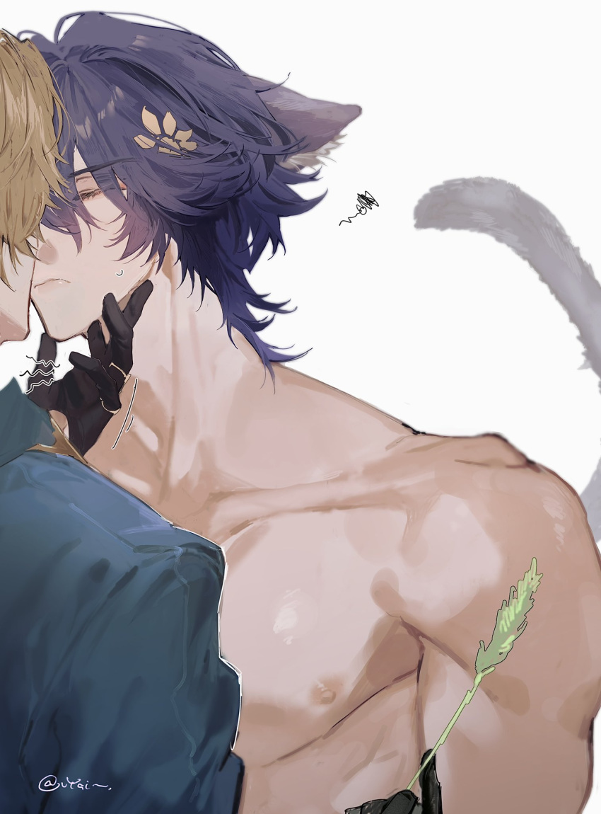 2boys animal_ears artist_name aventurine_(honkai:_star_rail) black_gloves blonde_hair blue_shirt closed_eyes closed_mouth clothed_male_nude_male dr._ratio_(honkai:_star_rail) face-to-face floppy_ears gloves hand_on_another's_chin highres holding honkai:_star_rail honkai_(series) jewelry kemonomimi_mode male_focus multiple_boys nipples nude out_of_frame purple_hair ring shirt short_hair simple_background squiggle sweatdrop tail twitter_username upper_body vyqi white_background yaoi