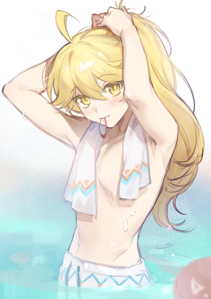 1boy absurdres aether_(genshin_impact) ahoge arms_up blonde_hair blush collarbone genshin_impact hair_between_eyes highres long_hair looking_at_viewer male_focus navel nekomi_0 ocean official_alternate_hairstyle ponytail shorts simple_background solo standing teeth topless topless_male towel towel_around_neck wet white_background white_shorts yellow_eyes