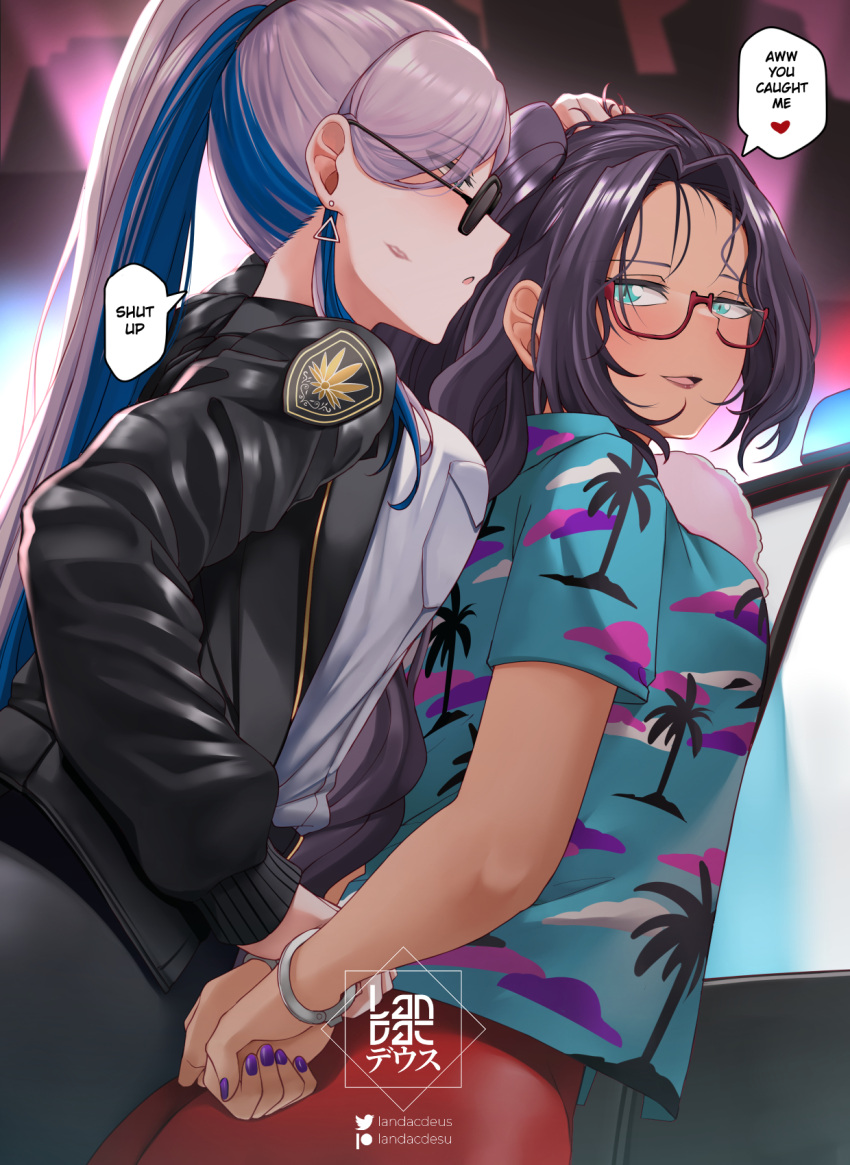 2girls aqua_eyes arrest artist_logo black_hair black_jacket blue_hair breast_pocket breasts character_request cuffs earrings english_text from_side glasses grabbing_another's_hair grey_hair handcuffs hawaiian_shirt highres hololive hololive_indonesia jacket jewelry landacdeus lipstick_mark long_hair multiple_girls open_clothes open_jacket parted_lips patreon_username pavolia_reine pocket ponytail purple_nails red-framed_eyewear semi-rimless_eyewear shirt speech_bubble tan twitter_username white_shirt