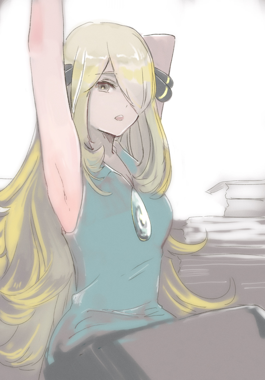 arm_up armpits blonde_hair collared_shirt cynthia_(pokemon) female grey_eyes hair_ornament hair_over_one_eye hand_up highres long_hair open_mouth pants pokemon pokemon_(anime) pokemon_bw_(anime) ringosan2329 shirt sleeveless sleeveless_shirt solo stretching teeth upper_teeth_only