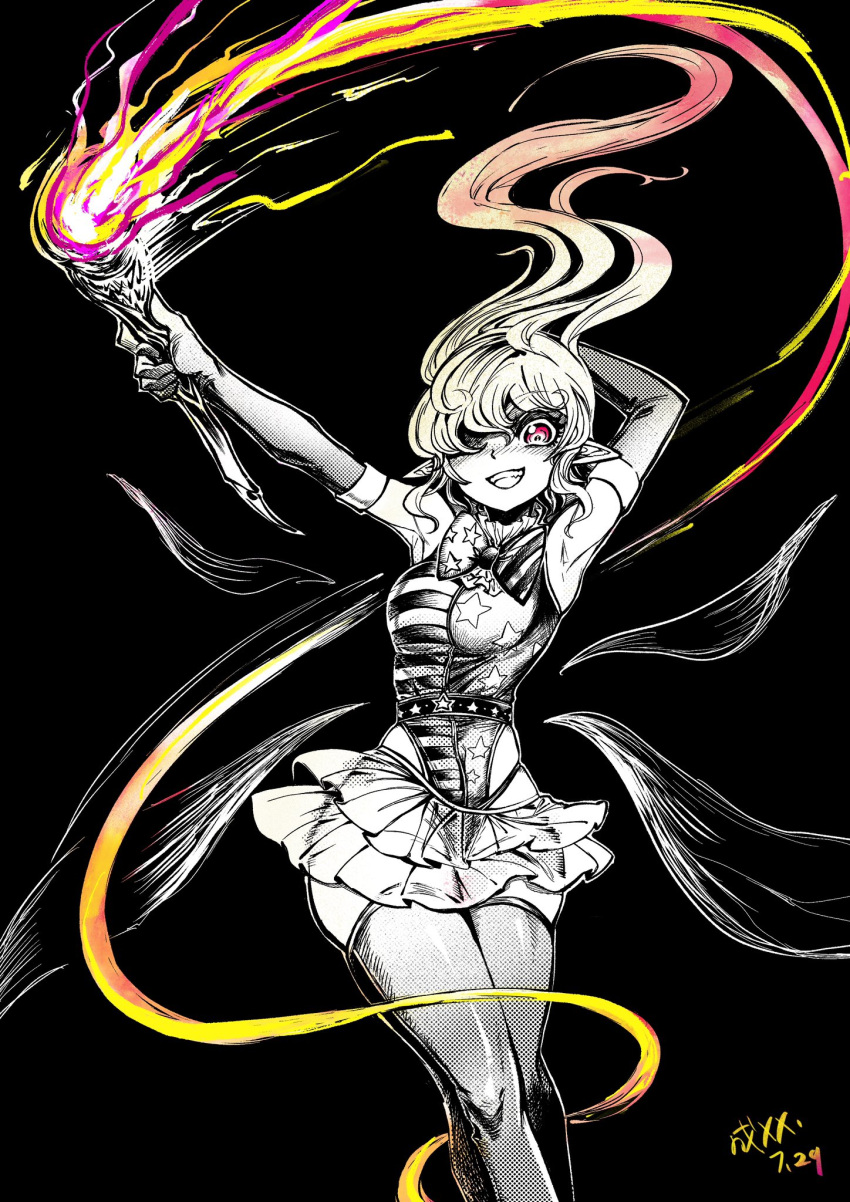 american_flag_dress arm_behind_head arm_up armpits bare_shoulders black_background blonde_hair bow breasts bridal_gauntlets chengzilong8 clenched_teeth clownpiece elbow_gloves fairy_wings female fire gloves hair_over_eyes highres holding holding_torch limited_palette long_hair looking_at_viewer monochrome open_mouth pointy_ears red_eyes skirt solo star_(symbol) star_print teeth thighhighs torch touhou wings