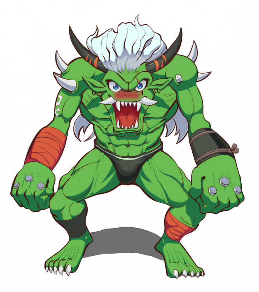 abs bandai_namco digimon digimon_(species) fangs green_body green_skin hair hi_res humanoid kuno2848 male muscular muscular_humanoid muscular_male ogremon pecs solo teeth white_hair