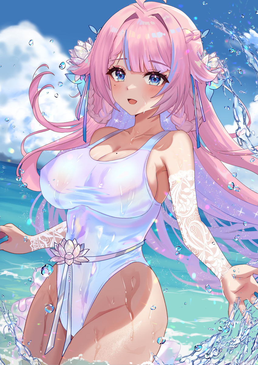 absurdres blue_eyes blush breasts cleavage cloud felielle female flower hair_flower hair_intakes hair_ornament highleg highleg_one-piece_swimsuit highres indie_virtual_youtuber large_breasts long_hair metorial ocean one-piece_swimsuit open_mouth pink_hair sky smile solo swimsuit virtual_youtuber water wet white_one-piece_swimsuit