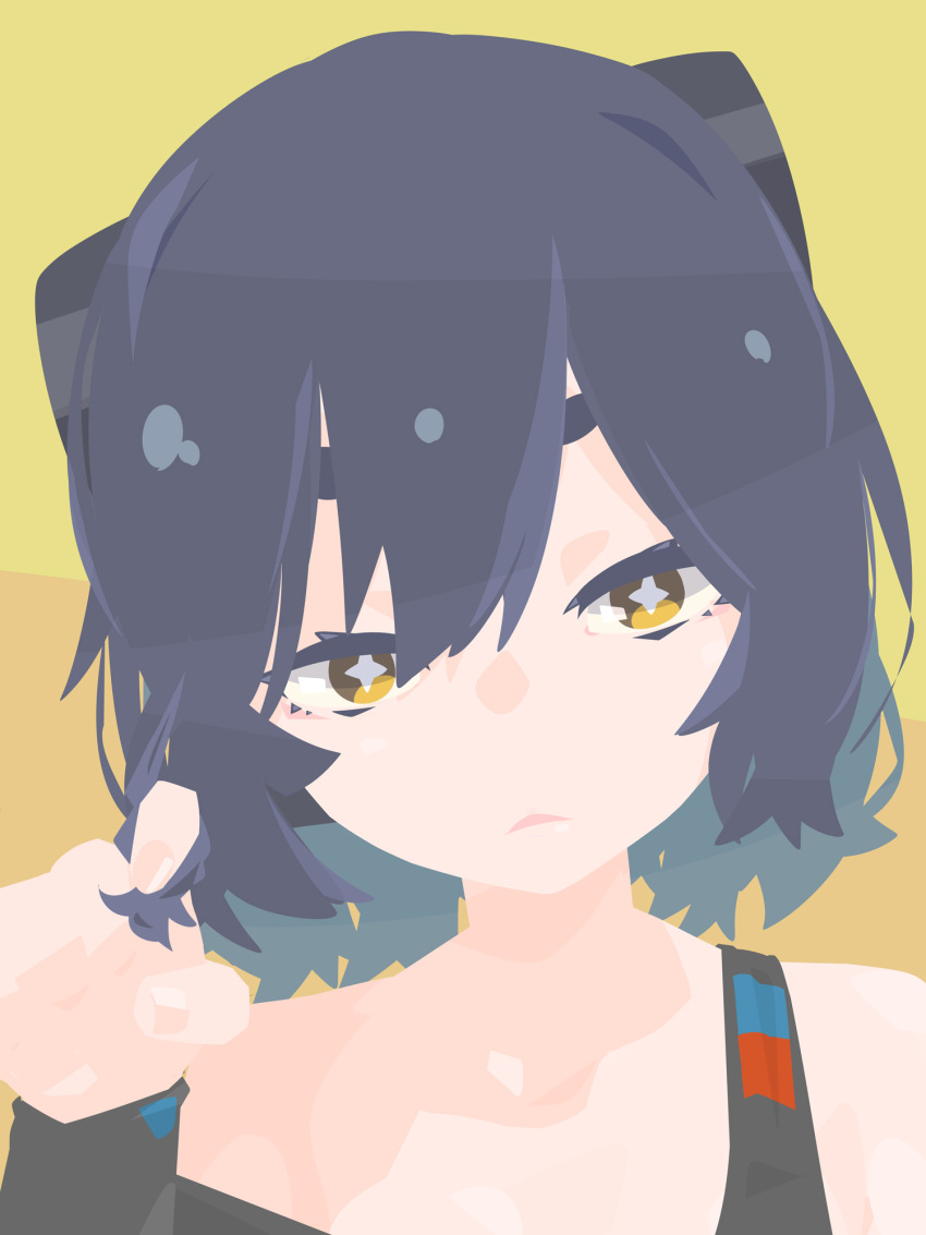 black_hair black_tank_top commentary_request cross-shaped_pupils expressionless female grey_hair hara_id_21 highres karatsu_shizu looking_at_viewer medium_bangs multicolored_hair no_lineart open_mouth portrait short_hair solo station_memories strap_lift symbol-shaped_pupils tank_top twirling_hair two-tone_hair yellow_background yellow_eyes