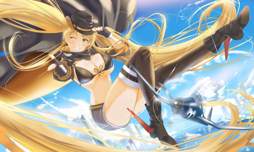 absurdly_long_hair absurdres aircraft ankle_boots azur_lane belt bikini black_bikini black_coat black_gloves blonde_hair blue_sky boots breasts brown_footwear brown_thighhighs building cleavage coat commentary cowboy_hat day f4u_corsair female finger_gun fingerless_gloves flying gloves green_eyes hat highres hornet_(azur_lane) hornet_ii_(azur_lane) incredibly_absurdres large_breasts long_hair looking_at_viewer one_eye_closed outdoors sky skyscraper smile solo swimsuit thighhighs very_long_hair water wesaki_leona yacht yellow_belt