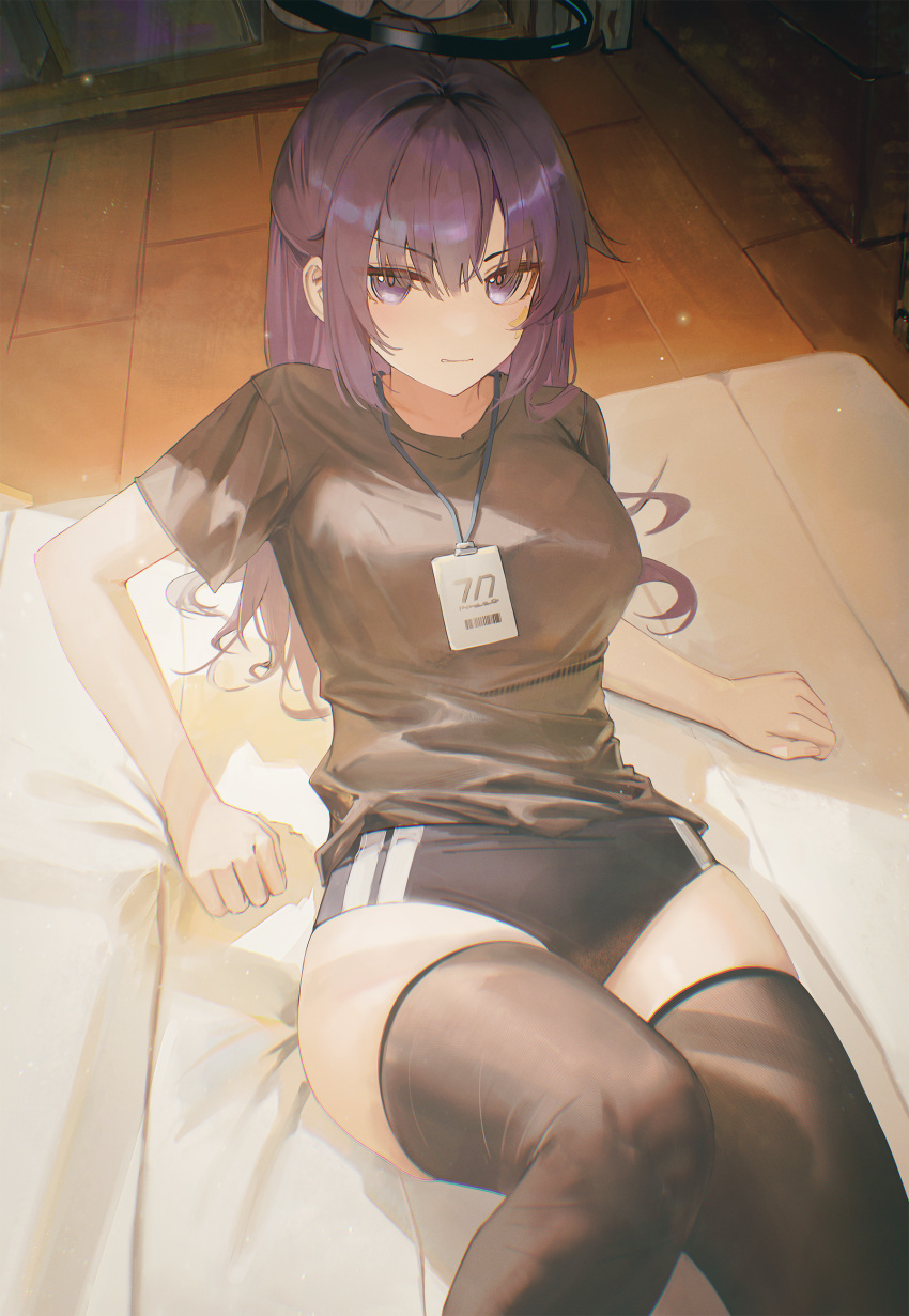 absurdres black_shirt black_thighhighs blue_archive blue_buruma blue_eyes blue_hair buruma closed_mouth commentary female flippy_(cripine111) gym_storeroom highres id_card knees_up long_hair looking_at_viewer mattress official_alternate_costume shirt short_hair solo thighhighs thighs yuuka_(blue_archive) yuuka_(track)_(blue_archive)