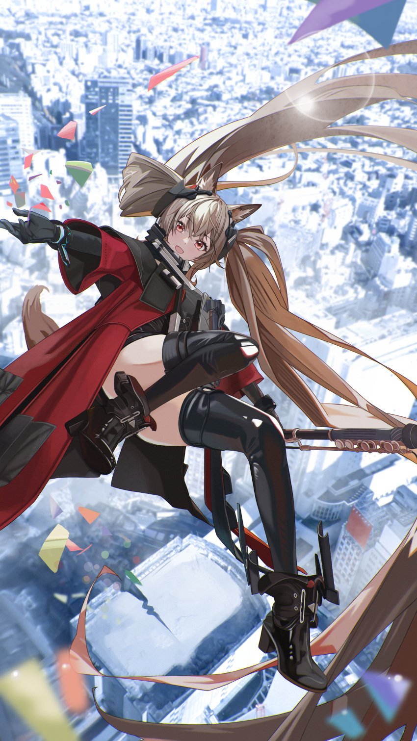 absurdres angelina_(arknights) angelina_(endfield)_(arknights) animal_ears arknights arknights:_endfield auguste black_collar boots brown_hair coat collar commentary earpiece elbow_gloves falling female fox_ears fox_girl full_body gloves hairband highres jacket long_hair looking_at_viewer open_clothes open_coat open_mouth red_eyes red_hairband revision smile solo thigh_boots twintails