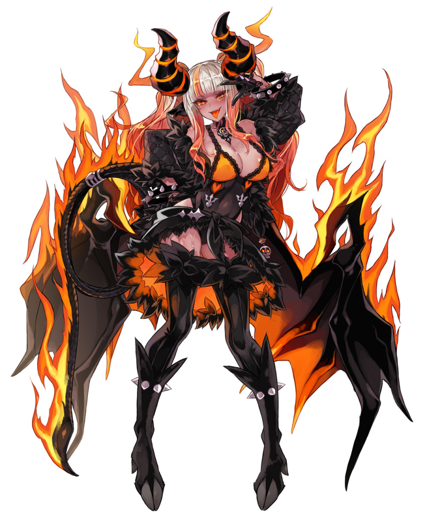 balrog_(monster_girl_encyclopedia) black_jacket black_leotard blunt_bangs breasts burning cleavage colored_sclera dark-skinned_female dark_skin demon_girl demon_horns demon_tail demon_wings female fingernails fire full_body highres hooves horns jacket kenkou_cross large_breasts leotard long_bangs long_hair long_sleeves looking_at_viewer low_wings monster_girl_encyclopedia multicolored_hair open_clothes open_jacket open_mouth orange_eyes orange_hair orange_sclera pointy_ears slit_pupils smile solo streaked_hair tail thighhighs tongue tongue_out twintails white_background white_hair wings