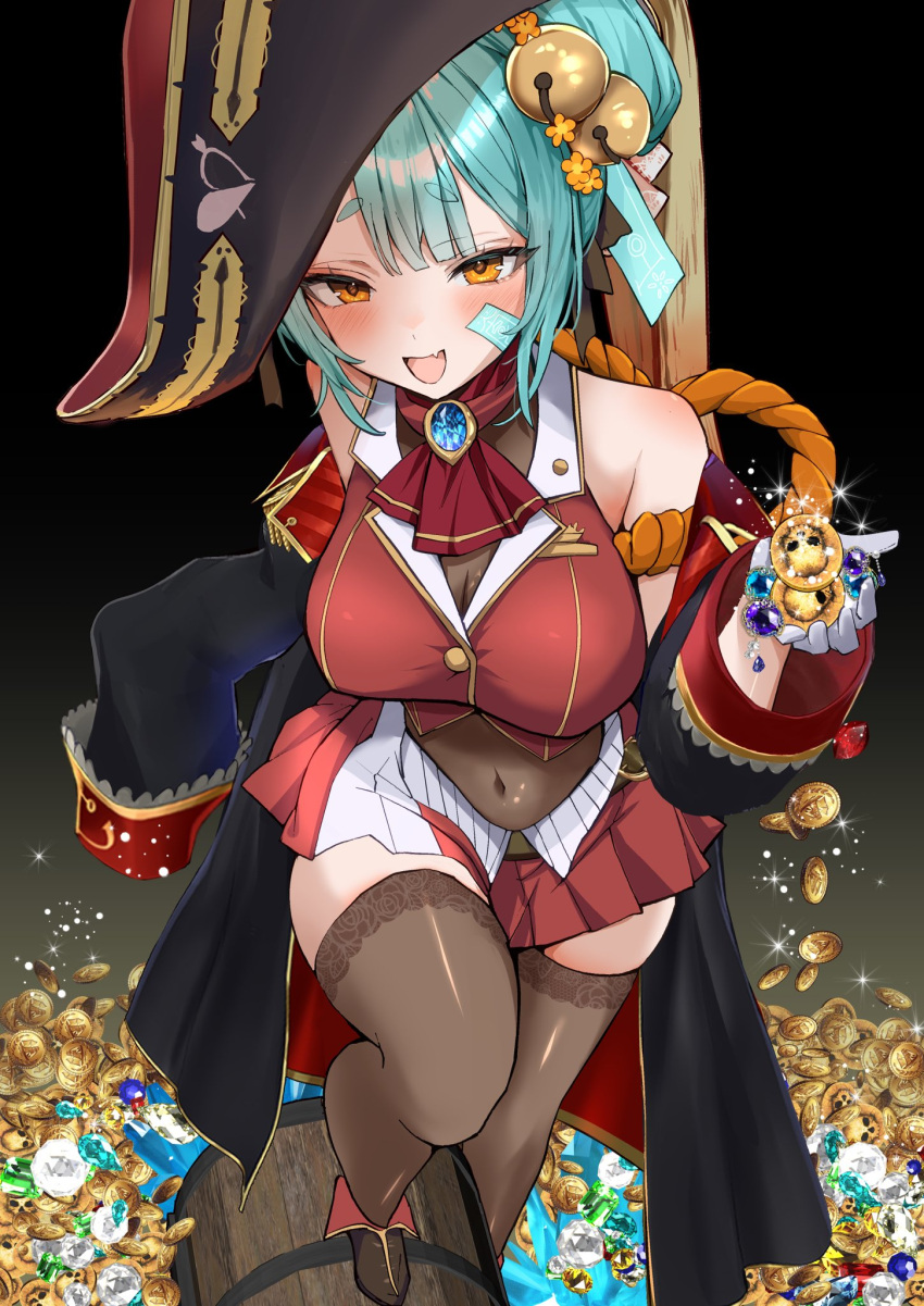 :d alternate_breast_size ankle_boots aqua_hair ascot bell bicorne black_coat black_hat blush boots breasts brooch brown_thighhighs buttons center-flap_bangs cleavage coat coin commentary commission cosplay cropped_jacket double-parted_bangs double_bun english_commentary female fold-over_boots gloves gold_coin gold_trim hair_bell hair_bun hair_ornament hat highres hikimayu hololive houshou_marine houshou_marine_(1st_costume) houshou_marine_(cosplay) inami_yoki indie_virtual_youtuber jacket jewelry jingle_bell knee_up lace-trimmed_thighhighs lace_trim lapel_pin large_breasts leotard leotard_under_clothes long_sleeves looking_at_viewer mikan_(manmarumikan) miniskirt oerba_yun_fang off_shoulder ofuda open_mouth pile_of_money pirate_costume pirate_hat pleated_skirt red_ascot red_jacket red_skirt second-party_source see-through see-through_cleavage see-through_leotard see-through_midriff skeb_commission skin_fang skirt sleeveless sleeveless_jacket smile solo thick_eyebrows thighhighs treasure treasure_chest virtual_youtuber white_gloves yellow_eyes