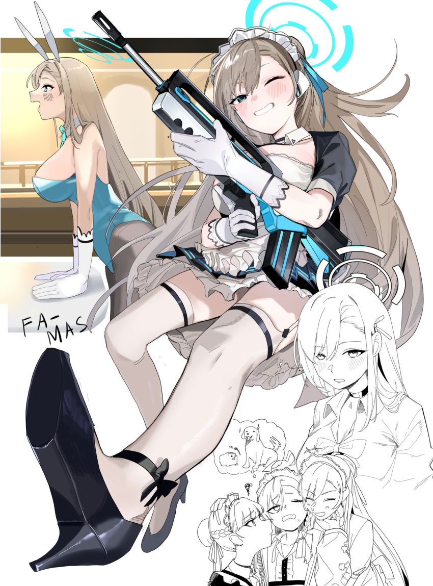 3girls animal animal_ears apron assault_rifle asuna_(blue_archive) asuna_(bunny)_(blue_archive) black_footwear blue_archive blue_leotard blush breasts brown_hair bullpup bun_cover canine choker cleavage closed_eyes collared_shirt commentary_request dress elbow_gloves fake_animal_ears famas gloves gun hair_between_eyes hair_bun hair_ribbon halo high_heels highres holding holding_gun holding_weapon large_breasts leotard long_hair maid maid_headdress multiple_girls multiple_views neru_(blue_archive) one_eye_closed pantyhose playboy_bunny ribbon rifle shirt single_hair_bun squiggle sweat thighhighs toki_(blue_archive) umiwashi weapon white_gloves white_thighhighs