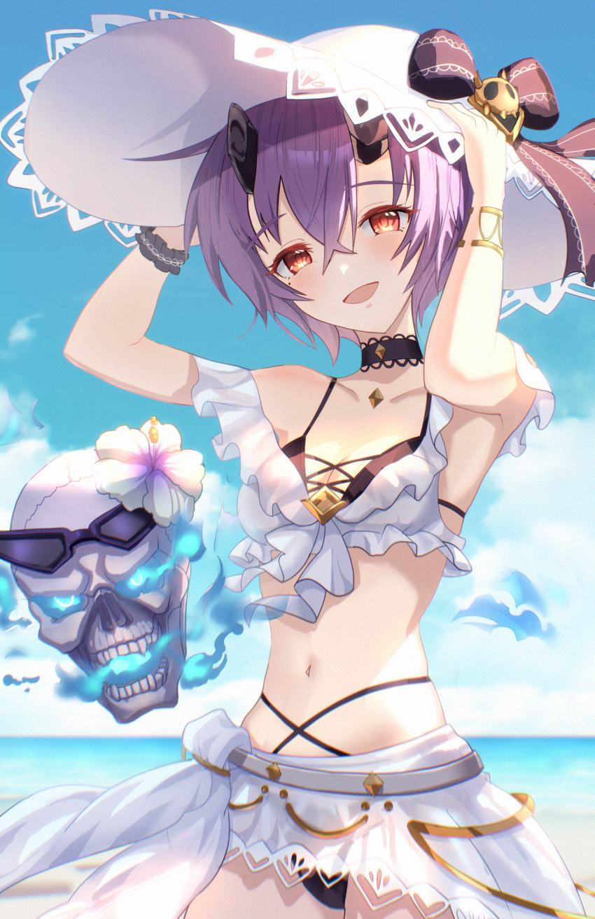 bikini black_bikini black_choker bow broken_horns choker female flaming_skull hand_up hat hat_bow highres layered_bikini navel official_alternate_costume okg princess_connect! purple_hair sarong shinobu_(princess_connect!) shinobu_(summer)_(princess_connect!) skeleton skullfather_(princess_connect!) swimsuit wrist_cuffs