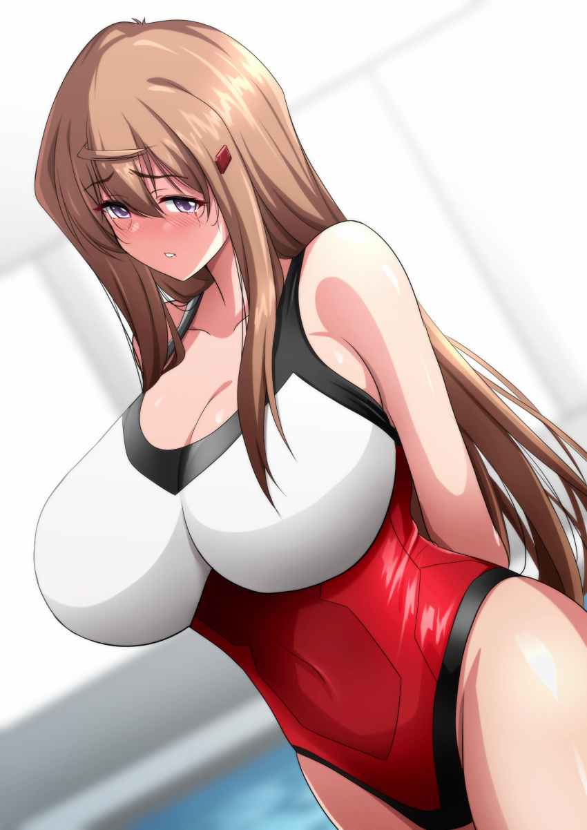 absurdres arms_behind_back bare_arms blurry blurry_background blush breasts brown_hair cleavage collarbone commentary_request covered_navel dutch_angle female hair_between_eyes highres hiiragi_akao indoors jinki large_breasts long_hair looking_at_viewer one-piece_swimsuit pool purple_eyes red_one-piece_swimsuit sidelocks solo standing steam_erobou swimsuit two-tone_swimsuit very_long_hair white_one-piece_swimsuit