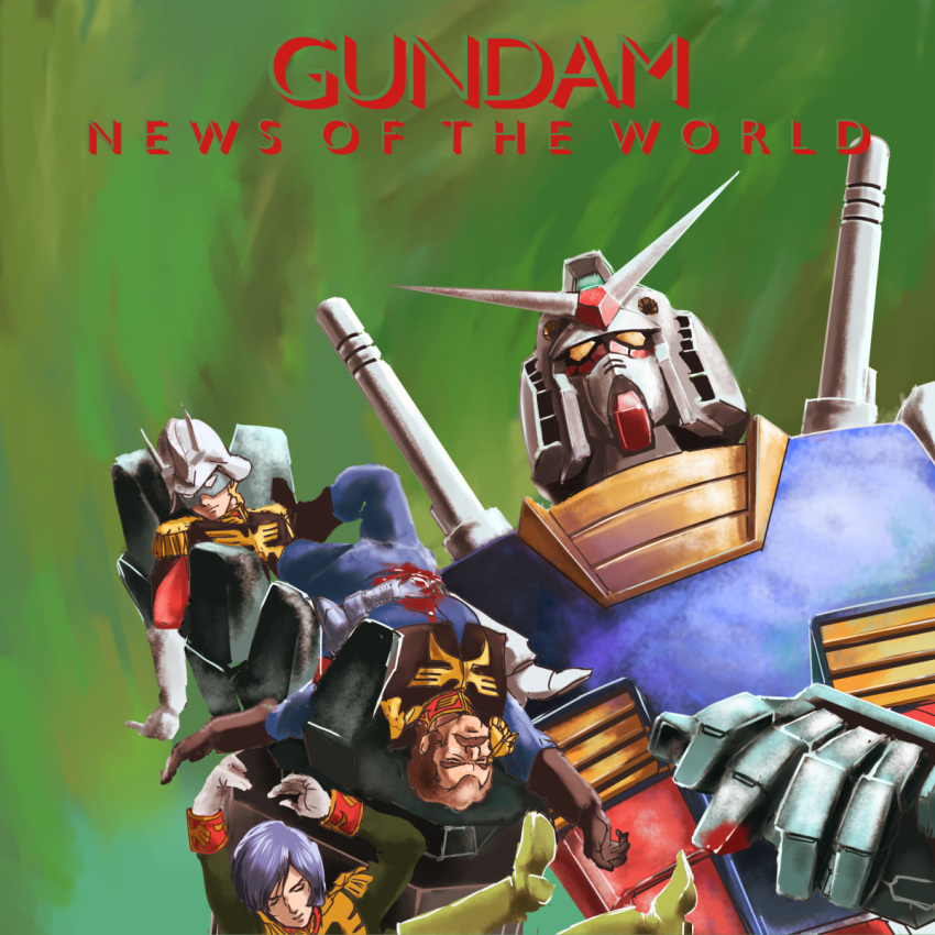 3boys album_cover album_cover_redraw blood boots carrying char_aznable commentary_request corpse cover death derivative_work dropping english_text epaulettes eyemask facial_hair falling garma_zabi gloves gundam helmet highres mecha military_uniform mobile_suit mobile_suit_gundam moustache multiple_boys news_of_the_world parody queen_(band) ramba_ral robot rx-78-2 science_fiction style_parody teikoku_jokyoku title uniform v-fin yellow_eyes zeon