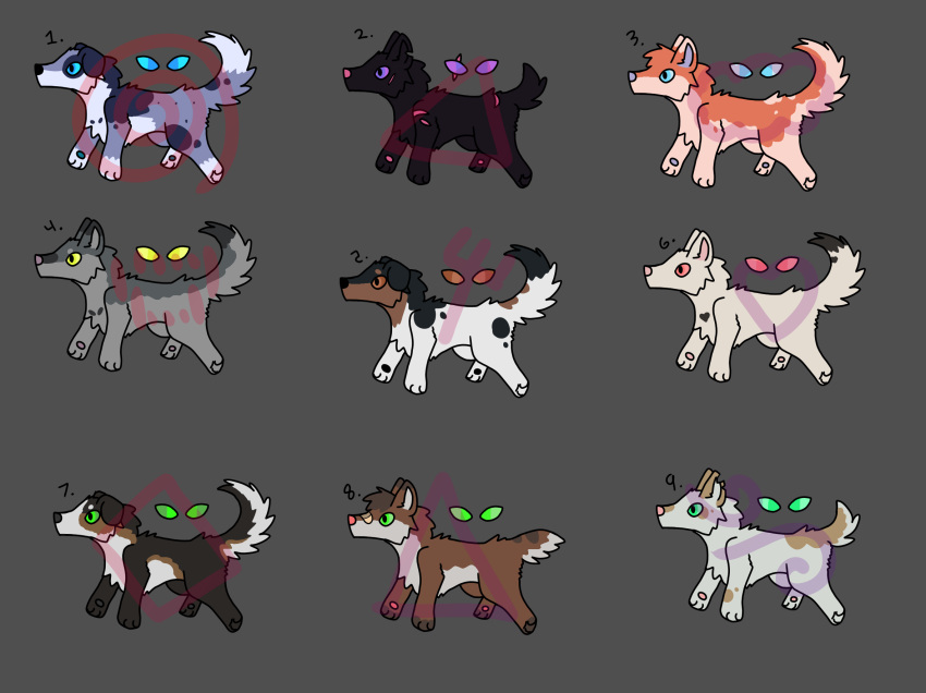 adoptable adopts ambiguous_gender anthro brown_body canid canine canis domestic_dog feral green_eyes grey_body group hi_res hrozney mammal red_eyes white_body wolf