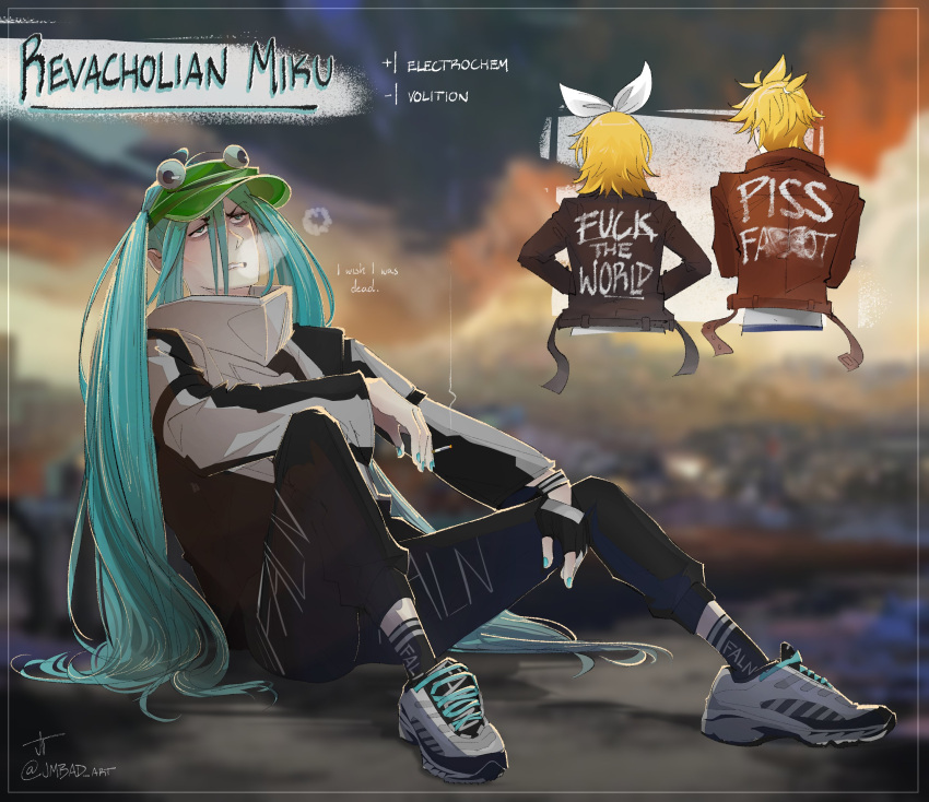 1boy 2girls absurdres aqua_eyes aqua_hair black_socks brown_jacket censored_profanity clothes_writing cosplay disco_elysium frog_hat full_body gameplay_mechanics harry_du_bois harry_du_bois_(cosplay) hatsune_miku highres jacket jmbad kagamine_len kagamine_rin long_hair long_sleeves multiple_girls pants profanity shoes signature sitting sneakers socks steam_from_mouth track_pants track_suit twintails twitter_username very_long_hair vocaloid