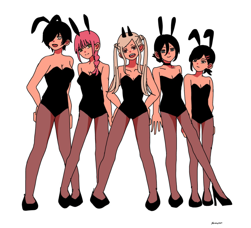 5girls animal_ears bare_arms bare_shoulders black_choker black_eyes black_footwear black_hair black_horns black_leotard blonde_hair blue_eyes braid breasts chainsaw_man choker cleavage closed_mouth collarbone cross-shaped_pupils eyepatch fake_animal_ears hair_ornament hairclip higashiyama_kobeni high_heels highres himeno_(chainsaw_man) horns leotard long_hair makima_(chainsaw_man) medium_breasts multiple_girls open_mouth pantyhose pink_hair playboy_bunny power_(chainsaw_man) purple_pantyhose rabbit_ears reze_(chainsaw_man) ringed_eyes sharp_teeth shoes short_hair simple_background single_braid smile split_mouth standing strapless strapless_leotard symbol-shaped_pupils teeth twintails upper_teeth_only white_background white_eyes yellow_eyes yuzuha_takamura