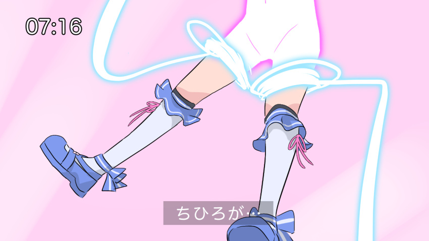 blue_footwear commentary_request female glowing groin henshin kneehighs lower_body navel nijisanji pink_background shoes socks solo translation_request virtual_youtuber white_socks yowayowap yuuki_chihiro