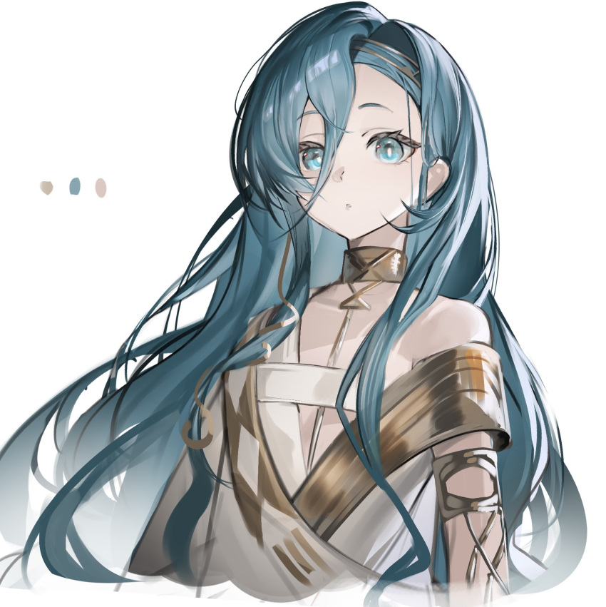 37_(reverse:1999) :o arms_at_sides bare_shoulders blue_eyes color_guide cropped_torso female forehead gold_collar hair_between_eyes hairband highres hiyaori_(hiyahiyaval) long_hair looking_at_viewer off_shoulder parted_hair parted_lips reverse:1999 robe sidelocks simple_background solo toga very_long_hair wavy_hair white_background white_robe