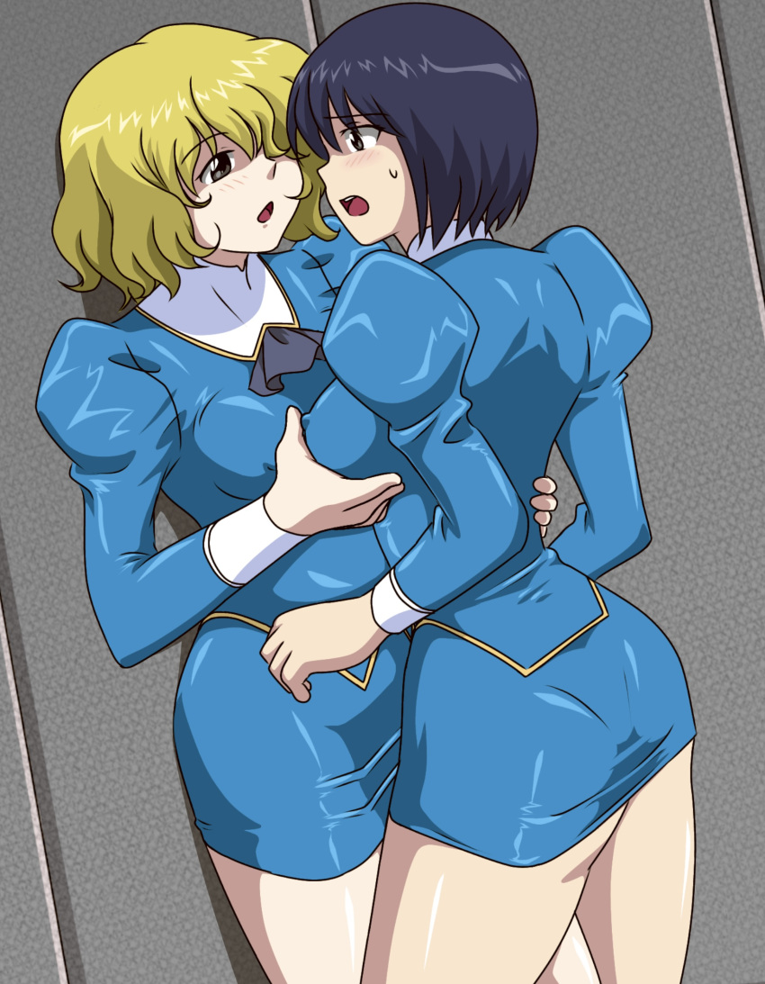 2girls agent_aika aika_(series) ascot ass black_ascot black_hair blonde_hair blue_delmo blue_delmo_d blue_jacket blue_skirt breasts catherine_(agent_aika) commentary_request covered_nipples delmogeny_uniform grabbing_another's_breast groping highres jacket kuroyoshi medium_breasts multiple_girls open_mouth short_hair skirt standing yuri